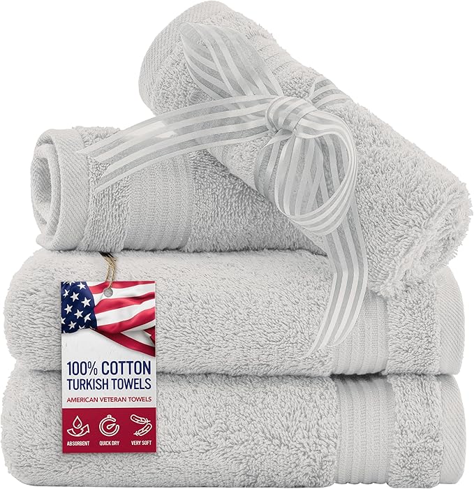 American Veteran Towel, 100% Cotton Turkish Washcloths for Bathroom Essentials 4 Pack, Soft Absorbent Wash Cloths Quick Drying Small Towels Washrags, Silver Grey