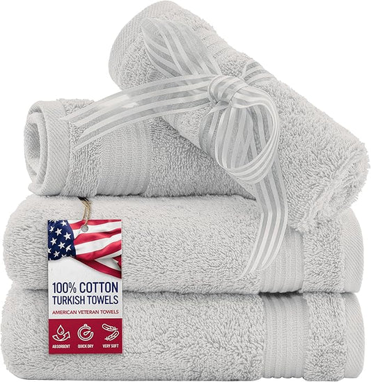 American Veteran Towel, 100% Cotton Turkish Washcloths for Bathroom Essentials 4 Pack, Soft Absorbent Wash Cloths Quick Drying Small Towels Washrags, Silver Grey