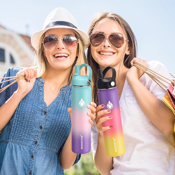 SENDESTAR Water Bottle 32oz Double Wall Vacuum Insulated Leak Proof Stainless Steel Sports Water Bottle—Wide Mouth with New Flex Straw Lid & Spout Lid (White&Voilet)