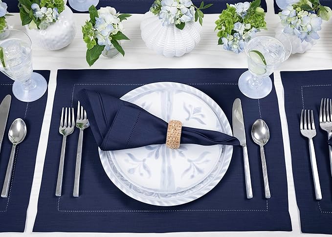 Solino Home Linen Placemats Set of 4 - Classic Hemstitch Navy Blue Placemats 14 x 19 Inch - 100% Pure Linen Table Mats for Holiday, Winter, New Year
