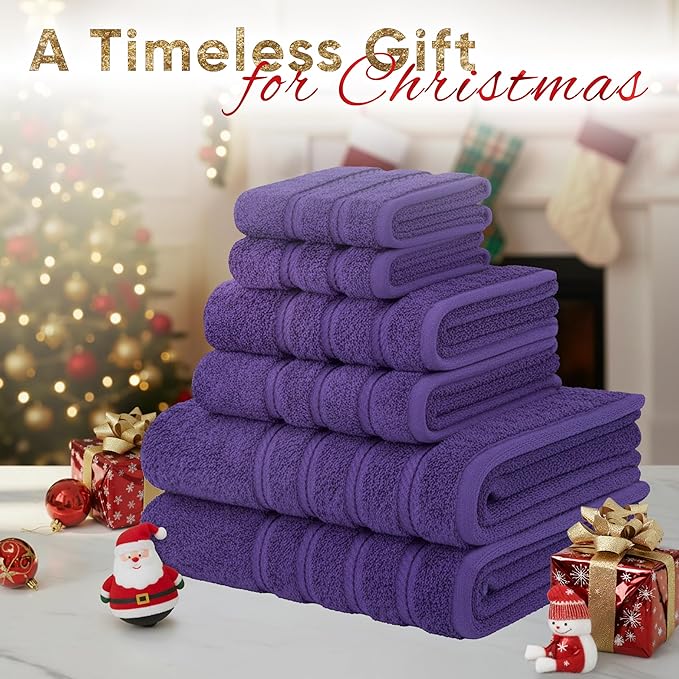 American Soft Linen Luxury 6 Piece Towel Set, 2 Bath Towels 2 Hand Towel 2 Washcloths, 600 GSM 100% Cotton Turkish Towels for Bathroom, Purple Towel Sets
