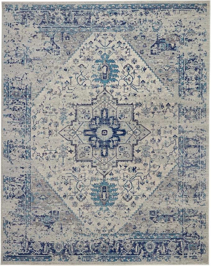 Nourison Home Tranquil Ivory/Light Blue 7' x 10' Area Rug - Easy Clean, Non Shedding, Bed Room, Living Room, Dining Room, Kitchen (7' x 10')