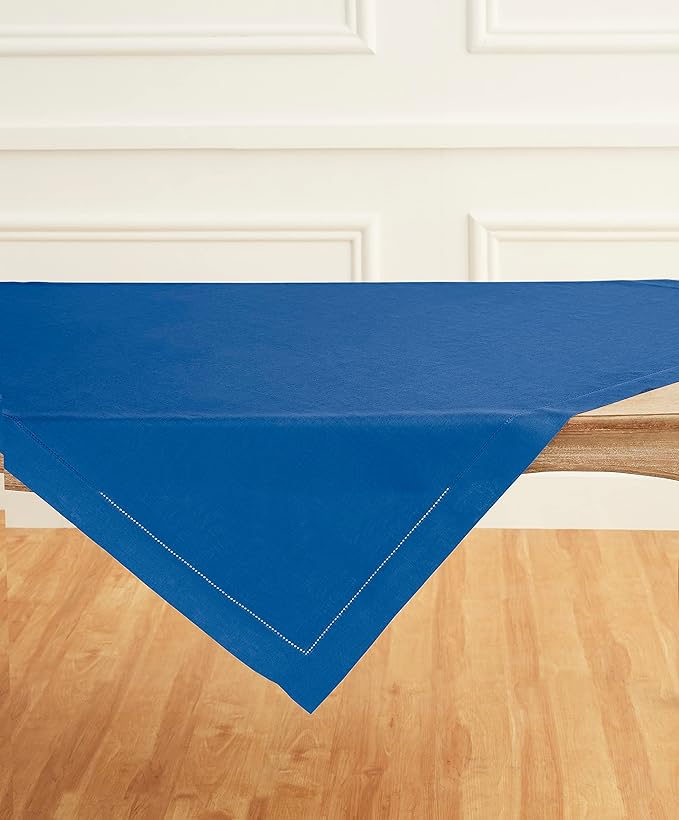 Solino Home Linen Square Tablecloth 52 x 52 Inch - 100% Pure Linen Indigo Blue Table Throw - Classic Hemstitch, Machine Washable Table Cloth for New Year
