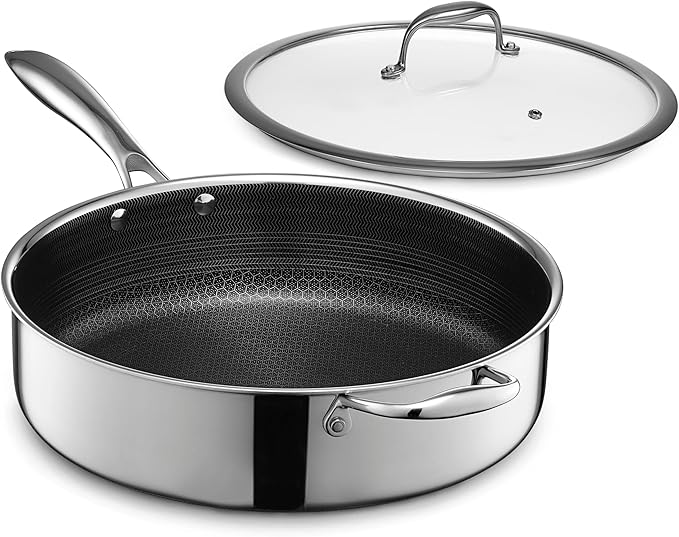 HexClad Hybrid Nonstick 5.5-Quart Deep Sauté Pan with Tempered Glass Lid, Stay-Cool Handle, Dishwasher-Friendly, Oven-Safe Up to 900°F, Induction Ready, Compatible with All Cooktops