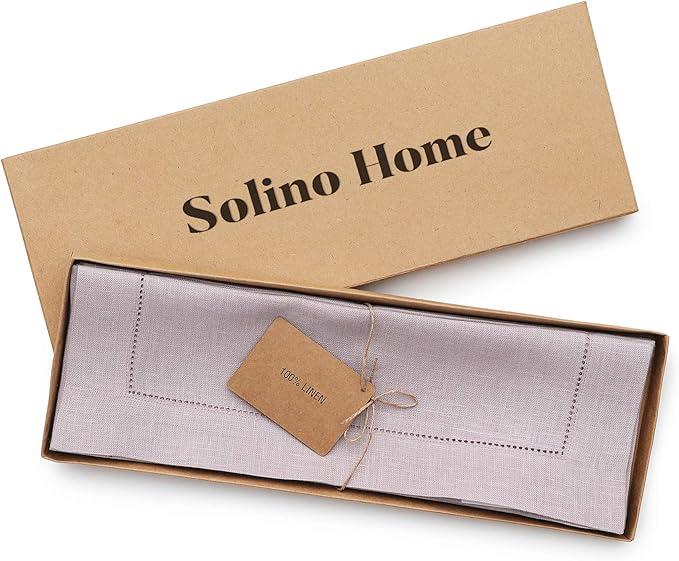 Solino Home Linen Placemats Set of 4 - Classic Hemstitch Lilac Placemats 14 x 19 Inch - 100% Pure Linen Table Mats for Valentines