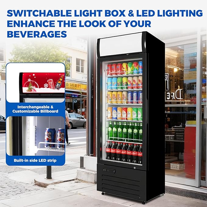 16.5 cu.ft Commercial Refrigerators with 1 Glass Door, Beverage Fridge with LED Light Display Upright Merchandiser, Drink Cooler with 5 Adjustable Shelves Black ETL Approved