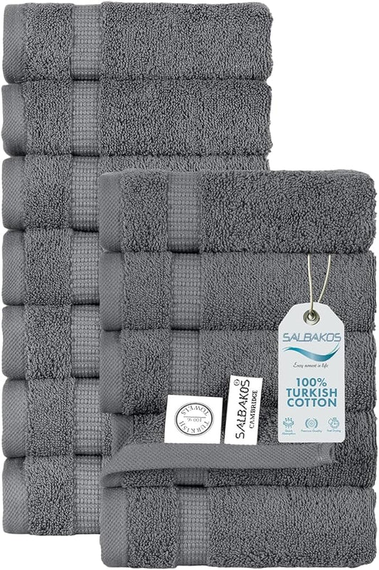 SALBAKOS 100% Turkish Cotton Washcloth Set of 12 13x13 inch | Heirloom Quality | Hotel & Spa Collection | Ultra Soft, Super Absorbent, Washcloth Towels | Made in Turkey (Gray, 12 Washcloths)