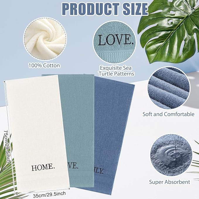 3 Pcs Home Love Family Decorative Hand Towels for Bathroom and Kitchen Rustic Embroidered 100% Cotton Hand Towels Decorative Set for Christmas Holiday Bathroom Decor