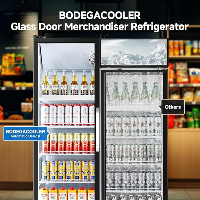 BODEGACOOLER Commercial Merchandiser Refrigerator, 2 Glass Door Display Refrigerator, 27.02 Cu.Ft Upright Beverage Display Cooler with Soft LED Light, Adjustable Shelves, 4 Strong Castors(Black)