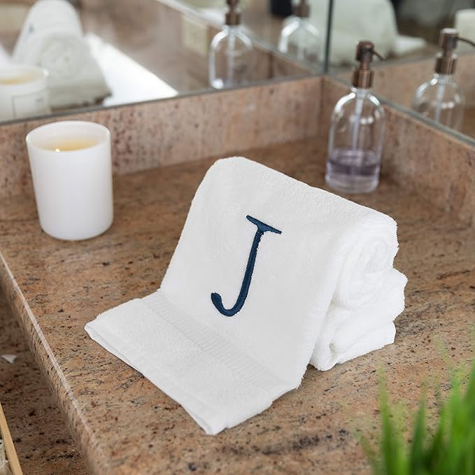 Monogrammed Hand Towels for Bathroom - Luxury Hotel Quality Personalized Initial Decorative Embroidered Bath Towel for Powder Room, Spa - GOTS Organic Certified - Set of 2 Navy Letter J
