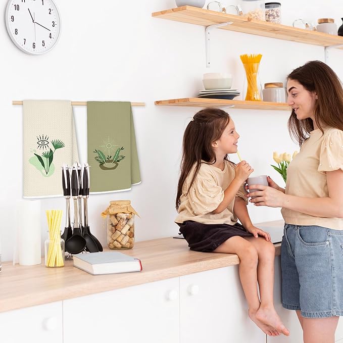 Sage Green Boho Botanical Kitchen Dish Towels, Mystical Witchy Celestial Sun and Moon Evil Eye Decorative Hand Towel for Bathroom, Boho Witchy Kitchen Bathroom Decor, 16x24 Inch Set of 3