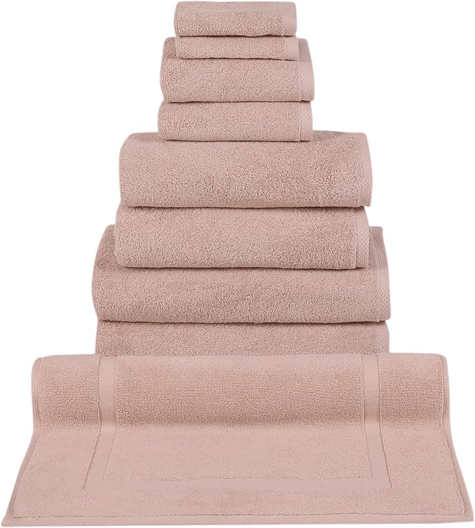 Classic Turkish Towels CTT - 9 Piece Premium Towel Set, 100% Turkish Cotton, Highly Absorbent & Comfy, Includes 2 Bath Towels, 2 Hand Towels, 2 Washcloths, 2 Bath Sheets & 1 Bath Mat | (Rose)