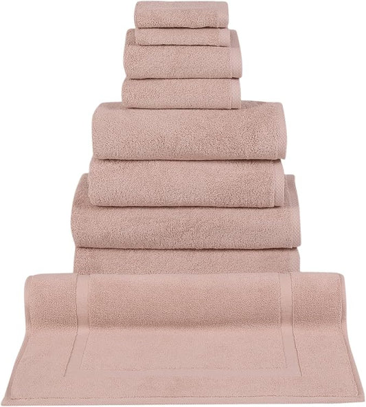 Classic Turkish Towels CTT - 9 Piece Premium Towel Set, 100% Turkish Cotton, Highly Absorbent & Comfy, Includes 2 Bath Towels, 2 Hand Towels, 2 Washcloths, 2 Bath Sheets & 1 Bath Mat | (Rose)