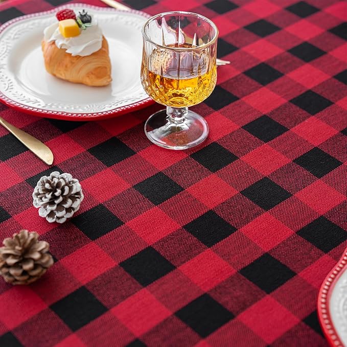 Gingham Christmas Tablecloth Heavy Duty Cotton Blend Red 60x102 inch Plaid Christmas Table Cloth Reusable Waterproof Foldable Tablecloths Xmas Table Cover for New Year Party Decor