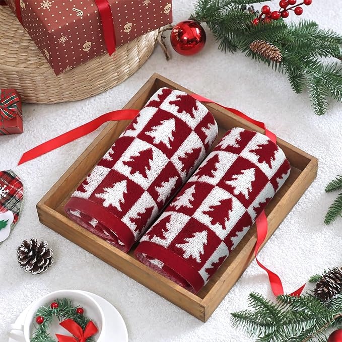 Jacquotha Christmas Hand Towels for Bathroom - 4-Piece Red Checkered & Tree Kitchen Towels, Festive Decor and Everyday Use, Cotton, 13” x 29”
