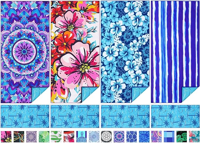 4 Pack Microfiber Thin Beach Towel Lightweight 71x32 Oversized Extra Large Sand Free Towels Quick Dry for Travel Pool Yoga Gym Sports Beach Accessories Vacation Essential Gift