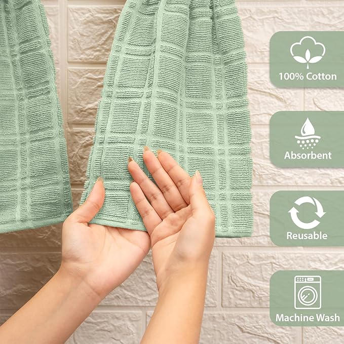 Blue Needles Hanging Kitchen Towels - Sage Green 100% Cotton Solid Kitchen Tie Towel, Set of 2 Hand Dish Cloth with Hanging Loops 9 x 17 Inches, Absorbent, Super Soft, and Fast Drying Home Essential
