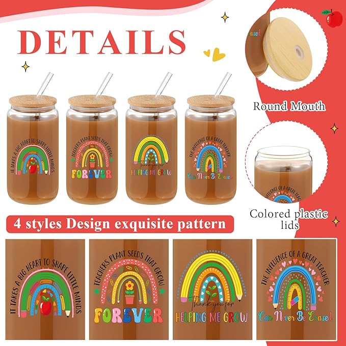4 Pcs 16 oz Christmas Teacher Gifts for Women Teacher Appreciation Gifts Thank You Coffee Cup Tumbler Drinking Glass Beer Cups with Bamboo Lids Glass Straw Cleaning Brush for Employee Staff(Peppy)