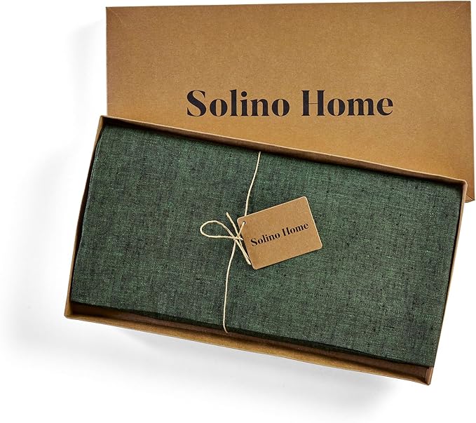 Solino Home Linen Tablecloth 60 x 156 Inch - 100% Pure Linen Forest Green Table Cloth for Rectangle Tables - Athena, Machine Washable Tablecloth for New Year