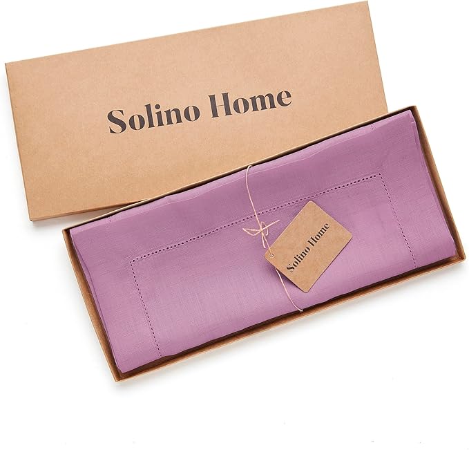 Solino Home Linen Violet Table Runner 90 Inches Long - 100% Pure Linen Hemstitch 14 x 90 Inch Table Runner for Dining, Valentines - Classic Hemstitch