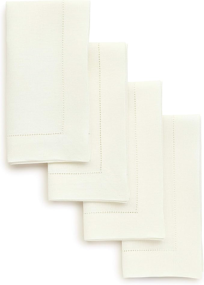Solino Home Ivory Linen Napkins Set of 4-100% Pure Linen Hemstitch Dinner Napkins 20 x 20 Inch for Holiday, New Year - Classic Hemstitch