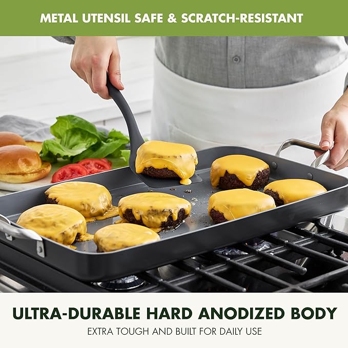 GreenPan Valencia Pro 18" x 11" Double Burner Griddle Pan, Induction Suitable, Ceramic Nonstick PFAS-Free, Rectangular Stovetop Cookware, Stainless Steel Handles, Dishwasher, Oven & Broiler Safe, Gray