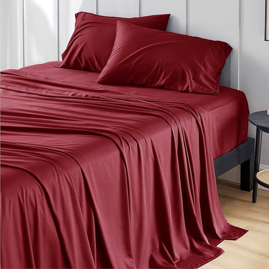 Bedsure Queen Sheet Set, Rayon Derived from Bamboo, Cooling Sheets, Breathable & Soft, Deep Pocket Up to 16 Inches, Hotel Luxury Silky Bedding for Hot Sleepers, Burgundy