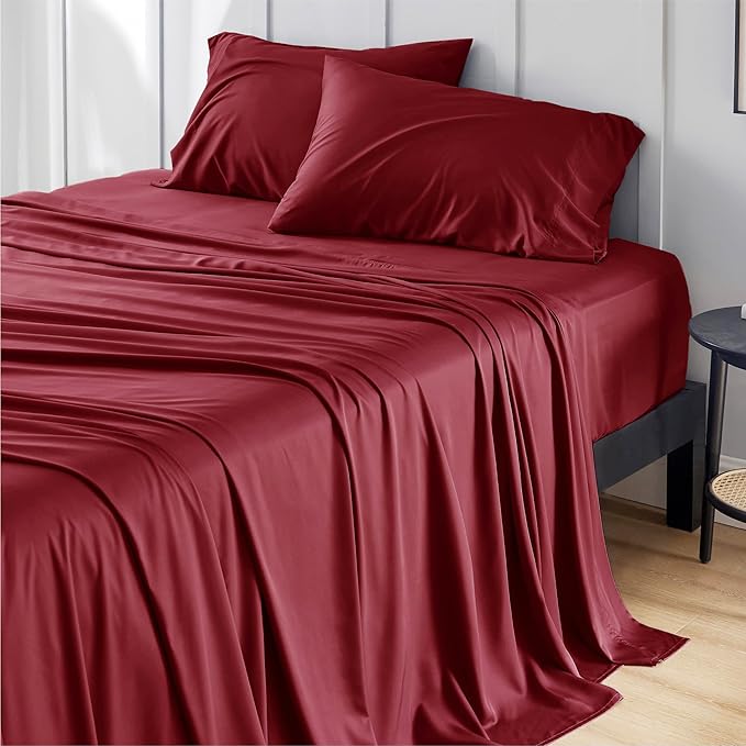 Bedsure California King Sheet Sets, Cooling Sheets, Rayon Derived from Bamboo, Breathable & Soft, Deep Pocket Up to 16 Inches, Hotel Luxury Silky Bedding for Hot Sleepers, Burgundy