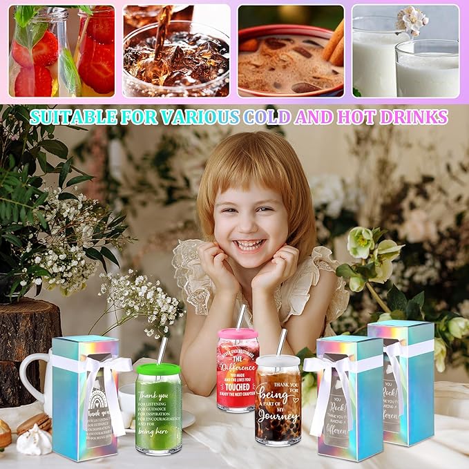 Layhit 12 Set Employee Appreciation Gifts Thank You Glass Cups for Staff Coworker 16 oz Can Shaped Beer Glass with Lids Straws Brushes Gift Boxes Ribbon for Nurse Teacher Week Mothers Day(Team B)