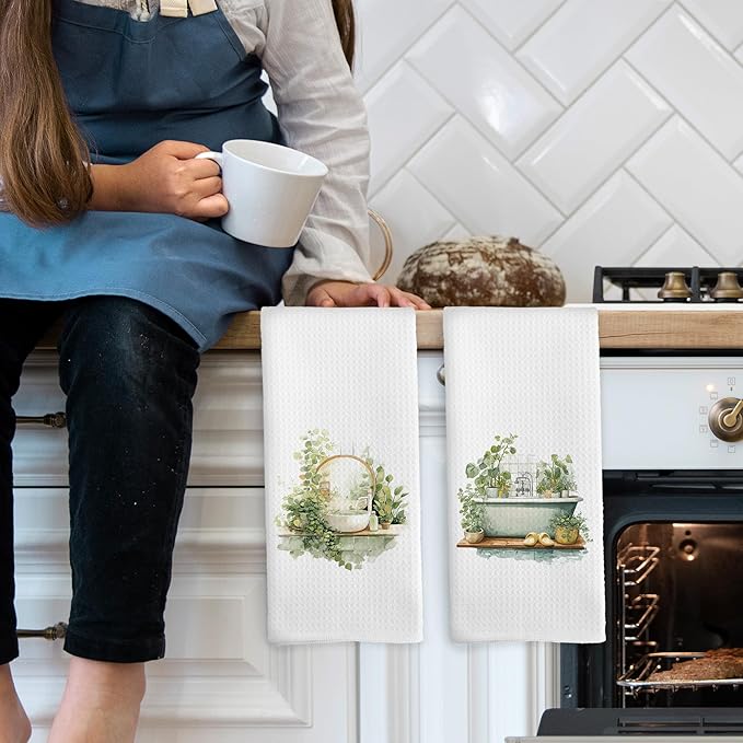 Botanical Bathroom Towels Set of 2, Sage Green Eucalyptus Bathroom Cottagecore Hand Towel, Flower Bathtub Shower Room Washroom Rest Room Decorative Tea Towel Dish Towels 16x25 Inch