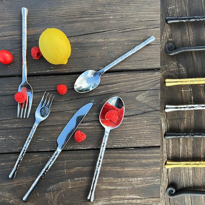 Glam Forged 20-Piece Silverware Set, 18/10 Stainless Steel Flatware, Unique Hammered Flatware Service for 4, Cutlery Set for Home Kitchen Hotel Restaurant Wedding Housewarming