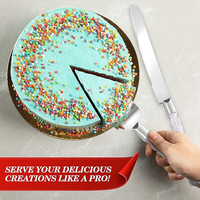 Homi styles White Elegant Cake Knife and Server Set, Cake Cutter and Pie Spatula, Cake Server and Knife Set of 2 with Thick Blades,Rustic Wedding Cake Cutting Set, Birthdays, Anniversaries,Parties