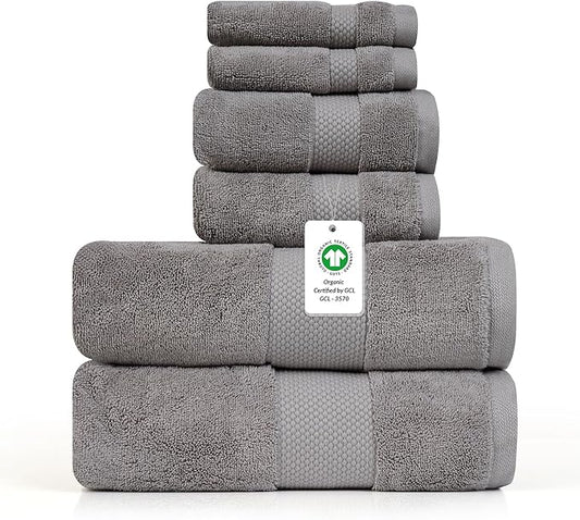 Farm to Home 100% Organic Christmas Bath Towel Set of 6 – GOTS & Oeko-TEX Certified Organic Cotton, Soft, Ultra Absorbent, Quick Dry - Includes 2 Bath Towels, 2 Hand Towels, 2 Washcloths - Stone