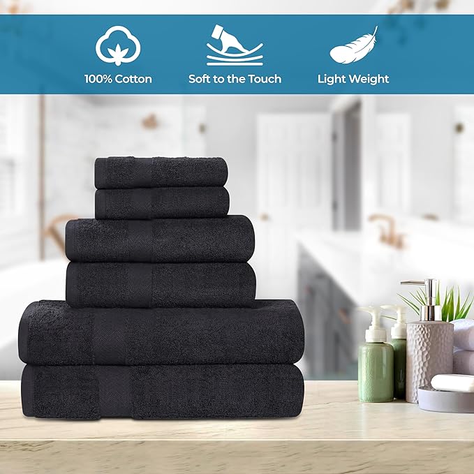 Superior 6-Piece Cotton Assorted Towel Set, Includes 2 Face/Washcloths, 2 Hand, and 2 Bath Towels, Lightweight Essentials, for Home, Gym, Beach, Bathroom, Quick Drying, Franklin Collection, Black