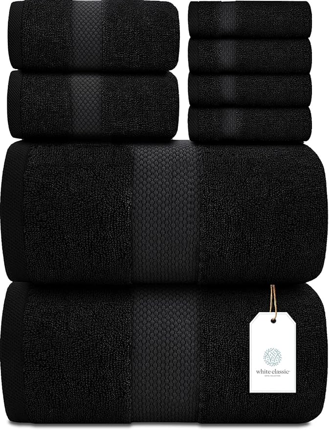 White Classic Luxury Bath Towel Set of 8 Pieces - 100% Turkish Cotton Highly Absorbent Towels for Bathroom, 2 Luxury Bath Towels 700GSM, 2 Hand Towels, 4 Washcloths, Black