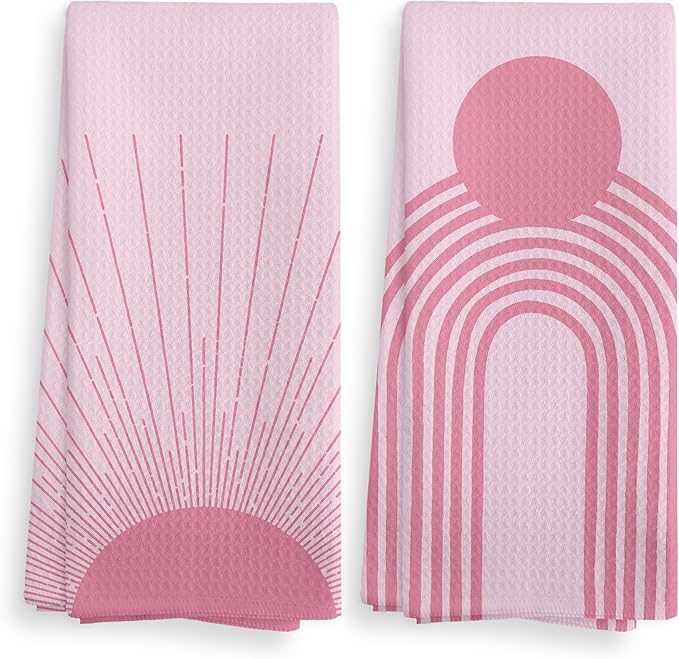 Pink Abstract Sunrise Kitchen Towels Set of 2, Bohemian Sun Hand Towels, Preppy Kitchen Towels, Sunshine Gifts, Pink Moon Drying Cloth Hand Towels for Girls Bathroom Kitchen Decor, 16×24 Inches