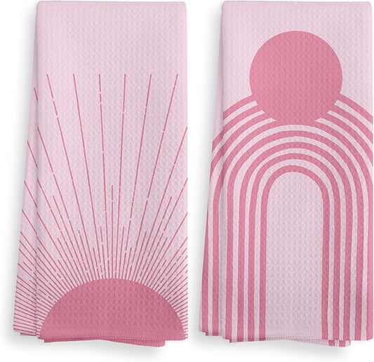 Pink Abstract Sunrise Kitchen Towels Set of 2, Bohemian Sun Hand Towels, Preppy Kitchen Towels, Sunshine Gifts, Pink Moon Drying Cloth Hand Towels for Girls Bathroom Kitchen Decor, 16×24 Inches