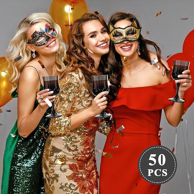 Pinkunn 50 Pcs 7 oz Plastic Vintage Wine Glasses Reusable Colored Goblets Patterned Drinking Water Glasses Cup Dishwasher Safe for Christmas Wedding Reception Party Supplies (Black)