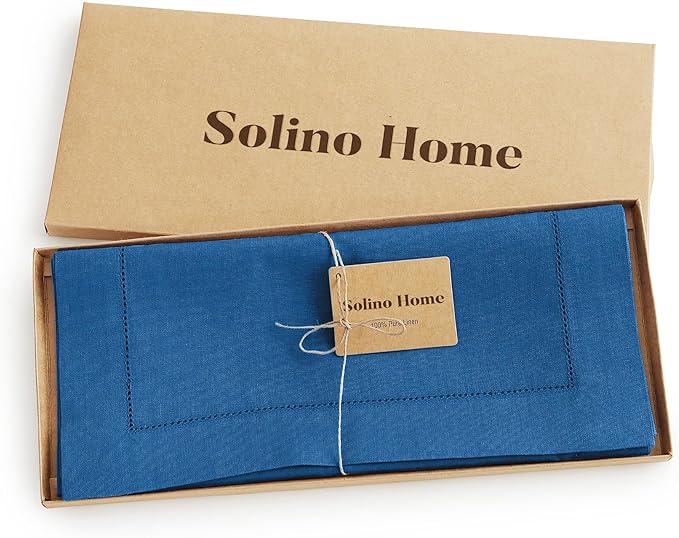 Solino Home Linen Indigo Blue Table Runner 144 Inches Long - 100% Pure Linen Extra Long Table Runner 14 x 144 Inch for Winter - Classic Hemstitch