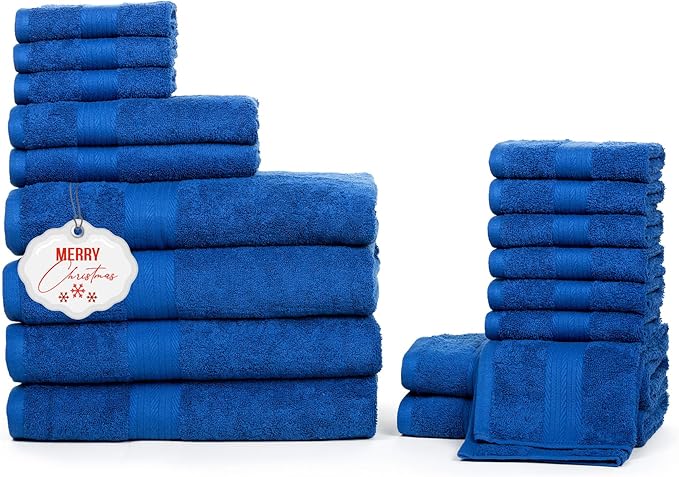 Ample Decor Bathroom Towel Set of 18-4 Hand Towel, 4 Bath Towel, 10 Wash Cloths - Oeko Tex Certified 600 GSM 100% Cotton - High Absorbency Quick Drying, Ideal for Gifting - Navy Blue