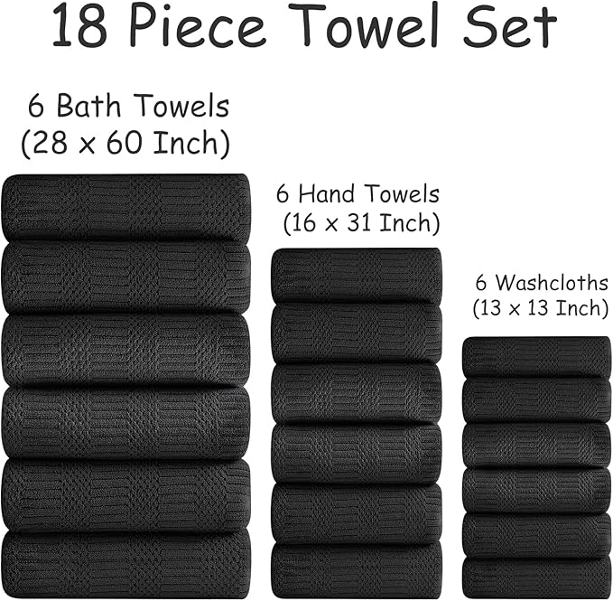 18 Pcs Black Woven Family Towels Set-6 Bath Sheets,6 Hand Towels,6 Washcloths Soft Polyester Towels Absorbent Shower Towel Quick Dry Beach Chair Towel Lint Less Towels Set for Bathroom Spa Gym Hotel
