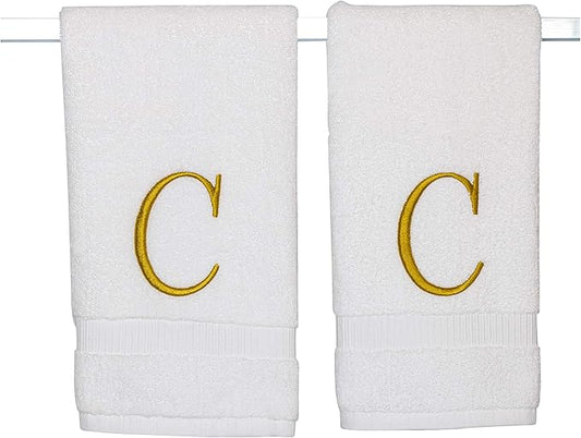 Monogrammed Hand Towels for Bathroom - Luxury Hotel Quality Personalized Initial Decorative Embroidered Bath Towel for Powder Room, Spa - GOTS Organic Certified - Set of 2 Gold Letter C