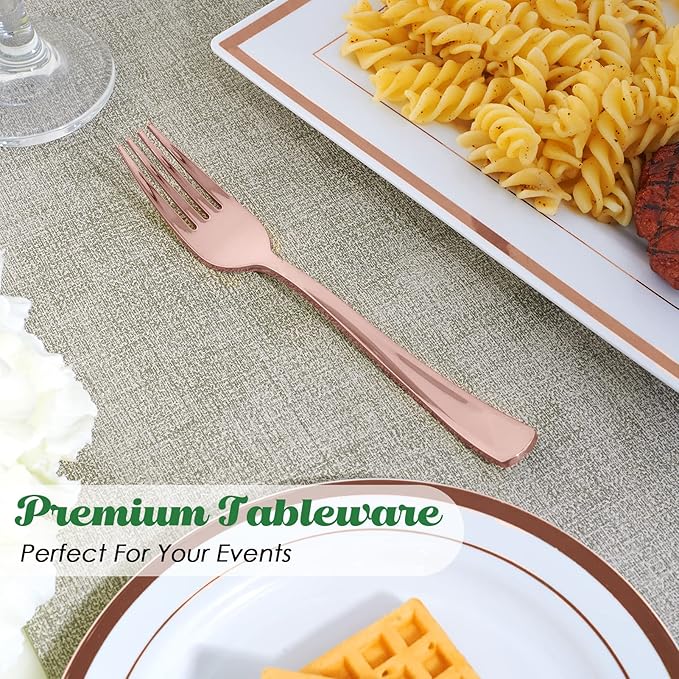FOCUSLINE 300 Pack Disposable Rose Gold Plastic Forks, Solid and Durable Plastic Cutlery Forks, Heavy Duty Disposable Utensil Silverware for Catering, Parties, Dinners, Weddings
