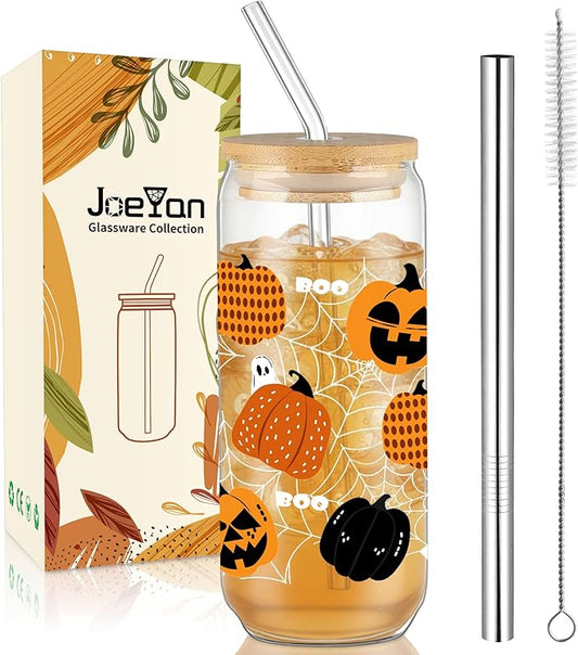 Joeyan Halloween Glass Cups with Lids and Straws,20 oz Iced Coffee Tumbler with Pumpkin Ghost Cobweb Patterns,Cute Funny Can Shaped Beer Drinking Glasses,Holiday Gifts for Women Mom Friend Teen
