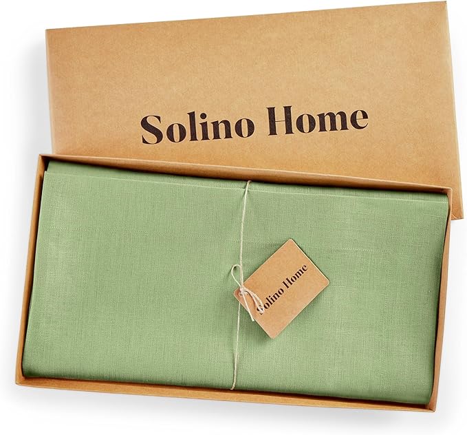Solino Home Linen Tablecloth 52 x 52 Inch - 100% Pure Linen Laurel Green Square Tablecloth - Fete, Machine Washable Table Throw