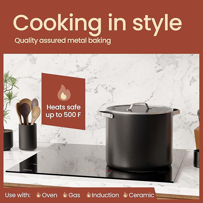 Bakken 12.5 Quart Ceramic Coated Stock Pot with Lid, Easy Clean Nonstick Pot, Tempered Glass Lid, Riveted Stainless Steel Handles, Oven Safe Up To 500°F, PTFE & PFAS Free, All Stove Compatible, Black