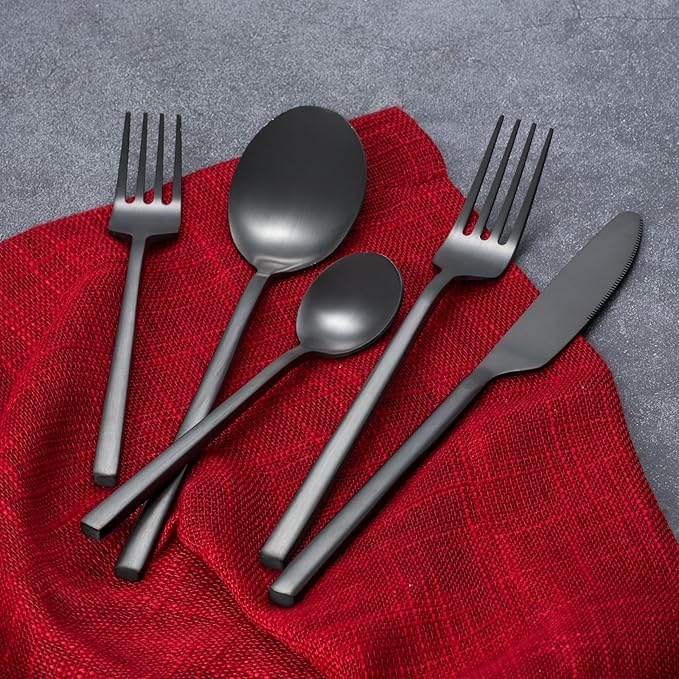 40-Piece Black Silverware Set, Rectangular Flatware Set for 8, Matte Stainless Steel Cutlery Set, Home Essentials and Kitchen Utensils Set, for Restaurant, Party And Wedding, Dishwasher Safe