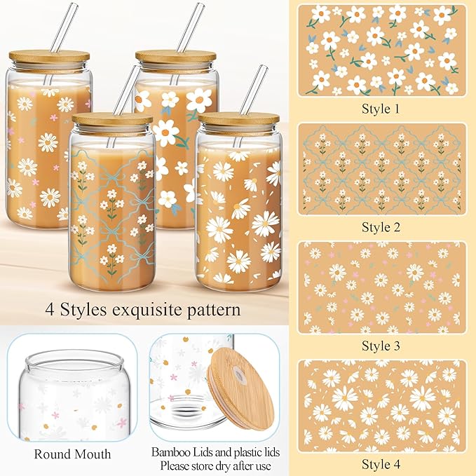 Mumufy Gift for Women Cute Glass Cup Tumbler Flower Iced Coffee Mugs 16 oz Glass with Bamboo Lid & Straw, Mothers Day Birthday Gift for Mom Sister Bridesmaid Baby Shower(4 Pack,Fresh Flower)