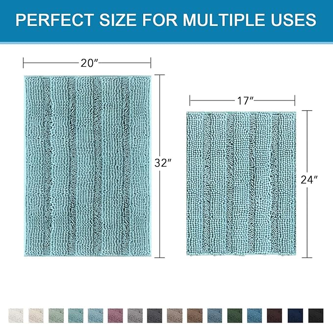 H.VERSAILTEX Extra Thick Chenille Striped Pattern Bath Rugs for Bathroom Non Slip - Soft Plush Shaggy Mats for Floor, Indoor, Entryway (Aqua Haze, 32 x 20 Plus 24 x 17 - Inches)