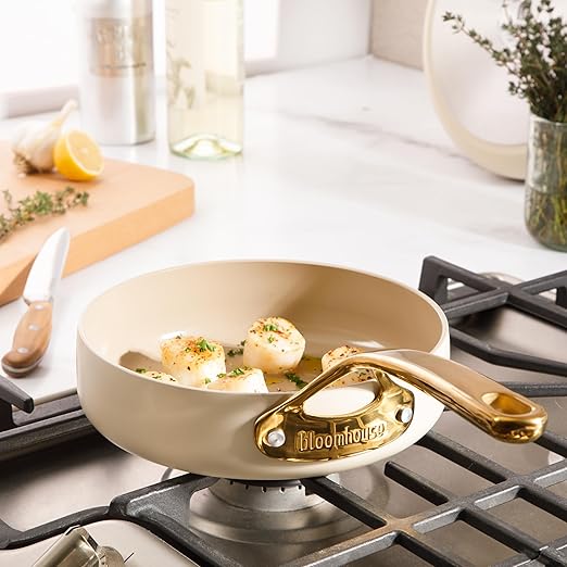 bloomhouse - Two Time Oprah's Favorite Things Winner - 8 Inch Heavy Duty Aluminum Premium PFA Free Ceramic Nonstick Saute/Deep Frying Pan Skillet - Almond Cream w/Gold Handle